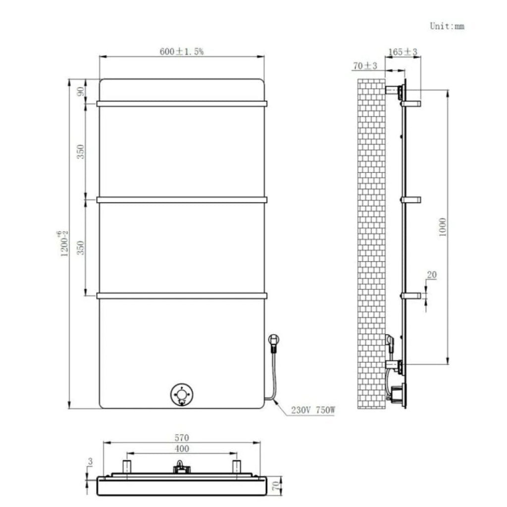 120x60 cm - E-panel elektrische radiator 750 Watt - Mat Zwart