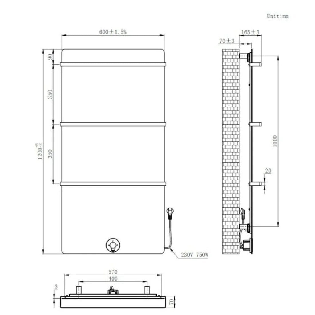 120x60 cm - E-panel elektrische radiator 750 Watt - Mat Zwart