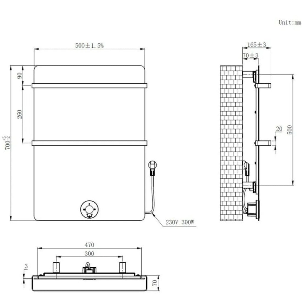 70x50 cm - E-panel elektrische radiator 300 Watt - Mat Wit (Ral 9016)