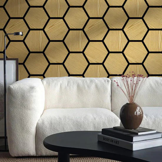Oppio €26,- PER PANEEL - HEXAGON LICHT EIKEN Akupanel 760x620x21 akoestische wand panelen lattenwand met Vilt